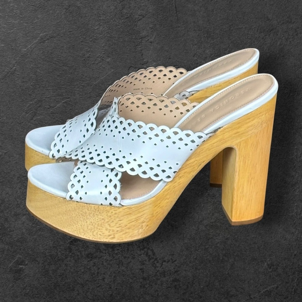 Veronica Beard Laser Cut Leather Platform Mule Sandals Womens 8M Boho Resortwear - Picture 4 of 11